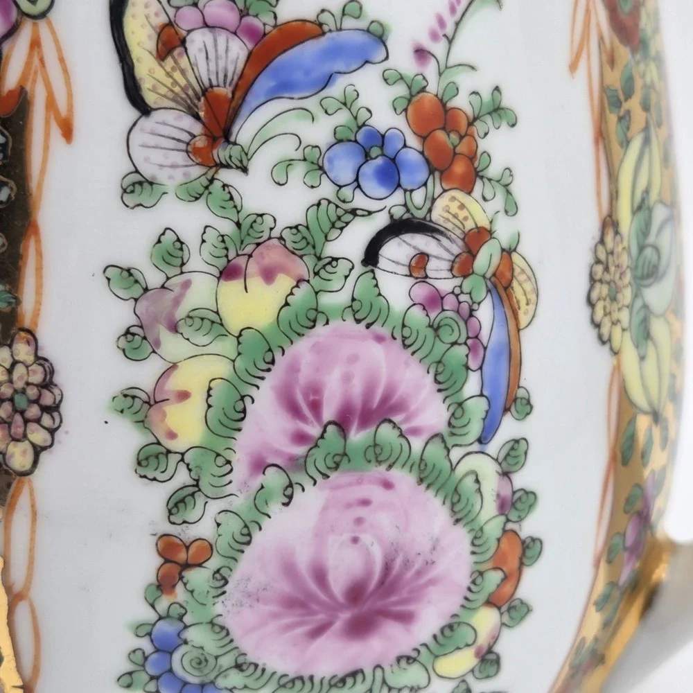 Vintage Cantonese Famille Rose Medallion Porcelain Tea Set Peonies Butterflies
